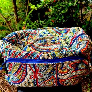 Vera Bradley 40L quilted weekender duffle bag.Blue, red, yellow on white.